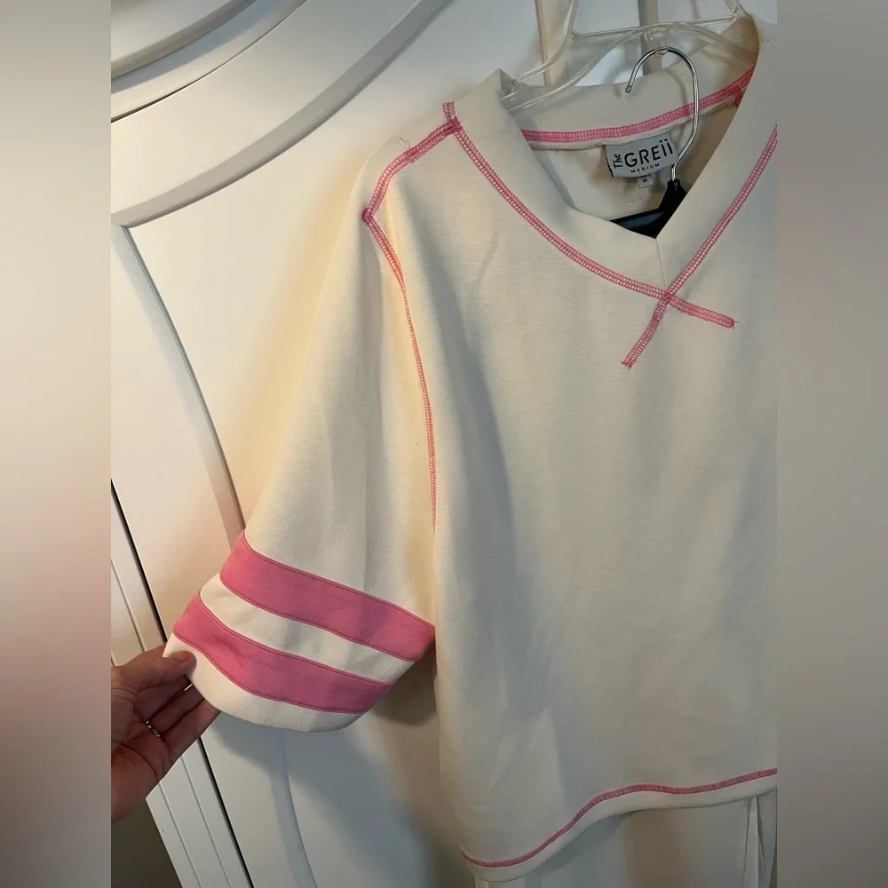 White and Pink Striped sleeve Lounge Set from Jincy’s